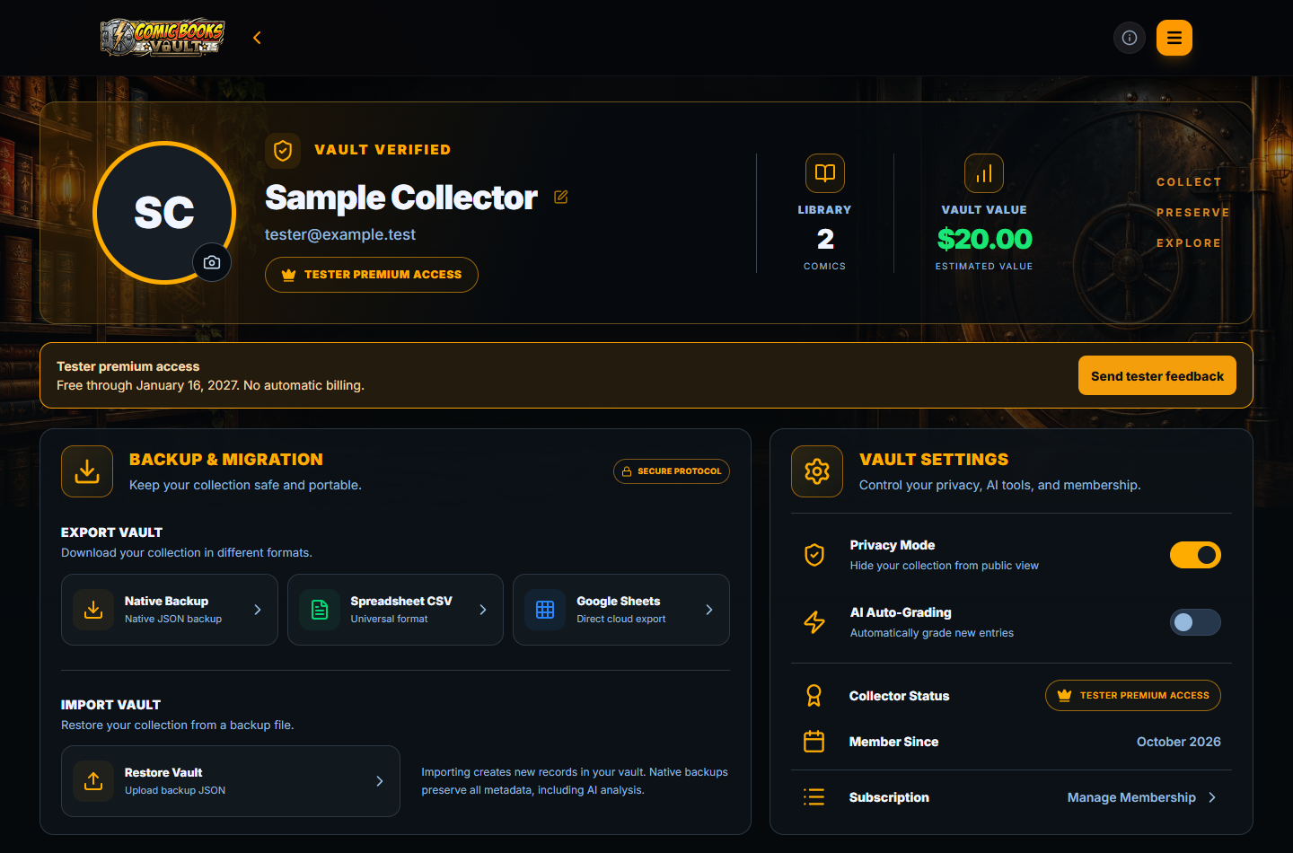 Account backup and migration controls for JSON, CSV and Google Sheets